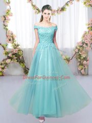 Sophisticated Off The Shoulder Sleeveless Lace Up Quinceanera Dama Dress Aqua Blue Tulle