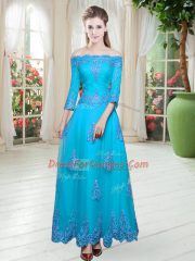 Adorable 3 4 Length Sleeve Floor Length Lace Lace Up Prom Dresses with Blue