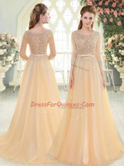 Champagne Empire Scoop 3 4 Length Sleeve Tulle Sweep Train Zipper Beading Homecoming Dress