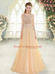 Champagne Empire Scoop 3 4 Length Sleeve Tulle Sweep Train Zipper Beading Homecoming Dress