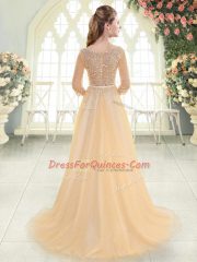 Champagne Empire Scoop 3 4 Length Sleeve Tulle Sweep Train Zipper Beading Homecoming Dress