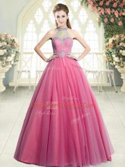 Pink Prom and Party with Beading Halter Top Sleeveless Zipper
