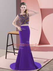 Flare Purple Satin Backless Prom Gown Sleeveless Sweep Train Beading