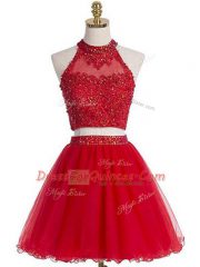 Glorious Tulle Halter Top Sleeveless Zipper Beading and Appliques Prom Dresses in Red