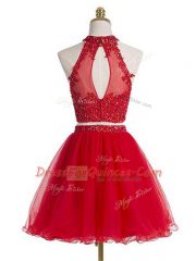Glorious Tulle Halter Top Sleeveless Zipper Beading and Appliques Prom Dresses in Red