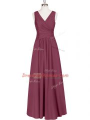 Burgundy Zipper Prom Dress Ruching Sleeveless Floor Length