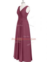 Burgundy Zipper Prom Dress Ruching Sleeveless Floor Length