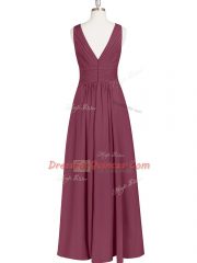 Burgundy Zipper Prom Dress Ruching Sleeveless Floor Length