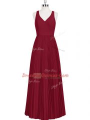 Custom Fit V-neck Sleeveless Floor Length Pleated Wine Red