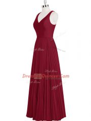 Custom Fit V-neck Sleeveless Floor Length Pleated Wine Red
