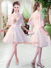 Modern White Lace Zipper Prom Party Dress Half Sleeves Knee Length Appliques