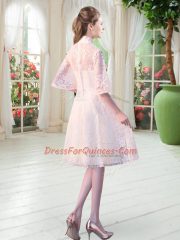Modern White Lace Zipper Prom Party Dress Half Sleeves Knee Length Appliques