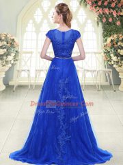 Beading and Lace Prom Party Dress Aqua Blue and Green Zipper Cap Sleeves Sweep Train