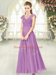 Unique V-neck Cap Sleeves Zipper Prom Party Dress Lilac Chiffon