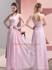 Shining Baby Pink Column/Sheath Beading and Appliques Prom Party Dress Zipper Chiffon Sleeveless Floor Length