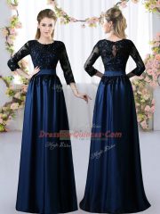 Stylish Navy Blue 3 4 Length Sleeve Satin Zipper Quinceanera Court Dresses for Prom and Party and Wedding Party