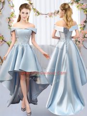 Light Blue Sleeveless High Low Appliques Lace Up Court Dresses for Sweet 16