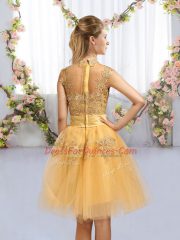 Cap Sleeves Tulle Knee Length Zipper Dama Dress for Quinceanera in Gold with Lace and Bowknot