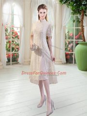 Ideal Champagne Side Zipper High-neck Short Sleeves Tea Length Dress for Prom Lace