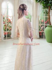 Ideal Champagne Side Zipper High-neck Short Sleeves Tea Length Dress for Prom Lace