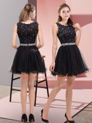 Black A-line Tulle Scoop Sleeveless Beading Mini Length Zipper Prom Dress