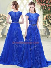 Dazzling Blue A-line Scoop Cap Sleeves Tulle Sweep Train Zipper Lace and Appliques Dress for Prom