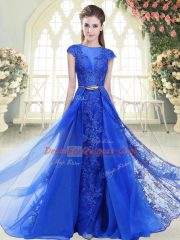 Dazzling Blue A-line Scoop Cap Sleeves Tulle Sweep Train Zipper Lace and Appliques Dress for Prom