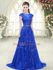 Dazzling Blue A-line Scoop Cap Sleeves Tulle Sweep Train Zipper Lace and Appliques Dress for Prom