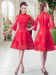 Low Price Red Homecoming Dress Prom and Party with Lace High-neck 3 4 Length Sleeve Zipper