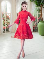 Low Price Red Homecoming Dress Prom and Party with Lace High-neck 3 4 Length Sleeve Zipper
