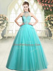Superior Sleeveless Tulle Floor Length Zipper Prom Dresses in Aqua Blue with Beading