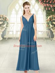 Admirable Blue Backless Prom Evening Gown Ruching Sleeveless Ankle Length