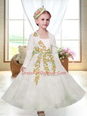 White Straps Zipper Embroidery Flower Girl Dress Sleeveless
