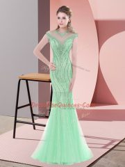 Apple Green Tulle Zipper Homecoming Dress Cap Sleeves Sweep Train Beading