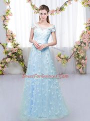 Fantastic Blue Quinceanera Court of Honor Dress Prom and Party and Wedding Party with Appliques Off The Shoulder Cap Sleeves Lace Up