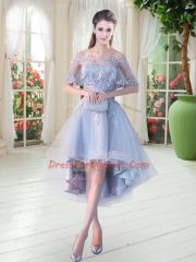 Light Blue A-line Appliques Dress for Prom Lace Up Tulle Half Sleeves High Low
