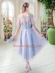 Light Blue A-line Appliques Dress for Prom Lace Up Tulle Half Sleeves High Low