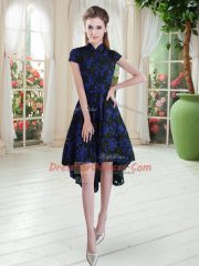 Fabulous High-neck Short Sleeves Zipper Prom Dress Blue And Black Lace