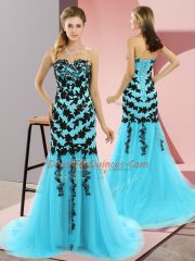 Hot Sale Aqua Blue Sweetheart Lace Up Appliques Party Dress Sweep Train Sleeveless