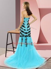 Hot Sale Aqua Blue Sweetheart Lace Up Appliques Party Dress Sweep Train Sleeveless
