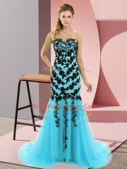 Hot Sale Aqua Blue Sweetheart Lace Up Appliques Party Dress Sweep Train Sleeveless