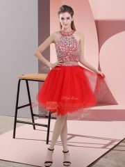 Most Popular Red Organza Backless Sleeveless Knee Length Beading