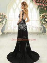 Excellent Navy Blue Backless Evening Dress Lace Sleeveless Brush Train