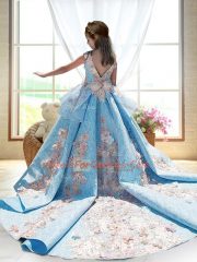 Unique Turquoise Backless High-neck Appliques Child Pageant Dress Satin Sleeveless Court Train