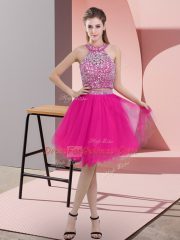 Hot Pink Evening Dress Prom and Party with Beading Halter Top Sleeveless Backless