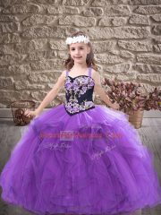 Purple Sleeveless Floor Length Embroidery and Ruffles Lace Up Girls Pageant Dresses
