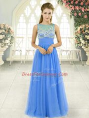 Enchanting Floor Length Blue Evening Dress Scoop Sleeveless Side Zipper