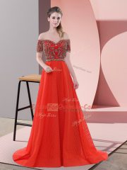 Noble Short Sleeves Womens Party Dresses Sweep Train and Beading and Lace