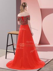 Noble Short Sleeves Womens Party Dresses Sweep Train and Beading and Lace