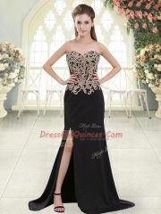 Fashionable Black Zipper Sweetheart Beading and Appliques Prom Party Dress Elastic Woven Satin Sleeveless Sweep Train